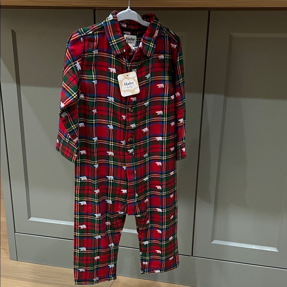 Hatley Kids Red and Green Christmas Plaid Onesie pjs
